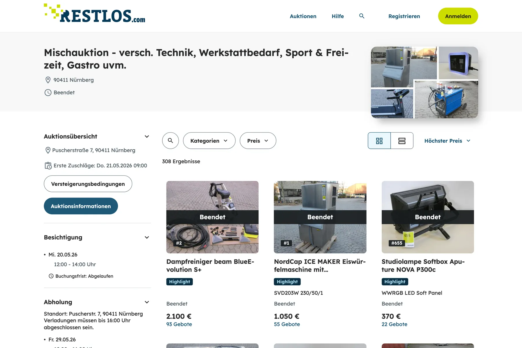 An auction on the Restlos platform: lot catalogue with bid counts and booking for viewing and collection